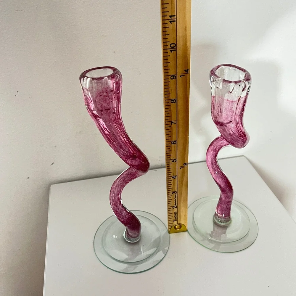 Michael‎ Hudson Candle Holders  Purple Art Glass Twisted Wavy Pair